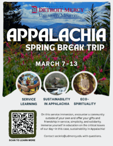 Appalachia Service Immersion Trip graphic. The text overlays a photograph of a mountain above a field of wildflowers. Week-long retreat of learning, service, community and reflection in the Appalachian Mountains, rural Tennessee on March 7-13. There is a QR code in the bottom left corner to apply. Deadline to apply is Jan. 21.