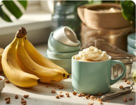 An image of coffee cup with cocoa and bananas