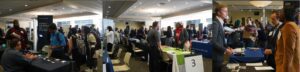 Three images of students interacting with potential employers at career fair.