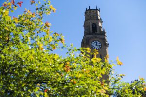 Clocktower with fall foliage