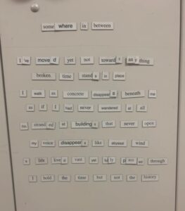 A graphic of a locker with a lock, featuring text on it for a poem entitled Somewhere in Between with magnetic tiles of words stuck on a locker.