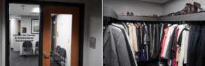 Two images, one of CCPD front office door and one of Professional Clothing closet.