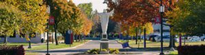 the jesus statue on the mcnichols campus during fall