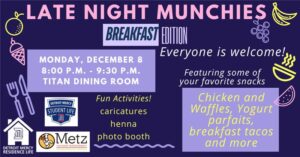 A Late Night Munchies graphic, featuring details, dates, time, location, etc.