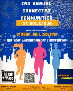 A flyer for the “2nd Annual Connected Communities 5K Walk/Run.” The background is blue with fireworks and snowflakes, featuring three running silhouettes in orange, pink and blue. Large white and yellow text reads: “2nd Annual Connected Communities 5K Walk/Run. Saturday, Jan 3, 2026, 11 AM.” Then below the words “New Year | Neighborhoods | Networking” appear. A QR code for registration is at bottom center of page. Logos for Pillar + Pride and Avenue Runners in bottom right and left-hand corners. Start location: 1004 W. 7 Mile Rd., Detroit. Finish location: The Raw Space, 8420 W. McNichols Rd., Detroit.