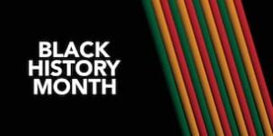 A graphic for Black History month. The words "Black History Month" are in white on the left against a black background. On the right, diagonal stripes in red, yellow, and green extend from the top to the bottom of the image.