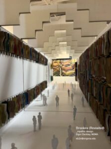 A model-scale architectural installation shows a long hallway lined with rows of colorful, layered panels on both sides. Small, translucent human silhouettes stand throughout the space, suggesting visitors moving through the exhibit. Above, staggered geometric ceiling elements create depth. At the far end, a large abstract artwork made of wavy, multicolored shapes hangs on the back wall. Text on the lower right corner reads: “Brookes (Revisited), _mpathic design, Elgin Cleckley, NOMA, eic2n@virginia.edu.”