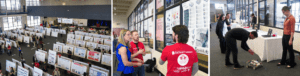 Three photos of people presenting at CSACE symposium. The first photo is an overhead view of all the projects on the symposium floor. The second is a person in a red shirt talking about his poster hanging on the wall amid numerous other posters. The third is students showing a robotic vehicle.