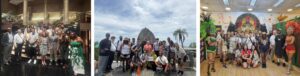 A collage of three photos of a large group of people in each. In the first photo, everyone is dressed formally. The second is a photo of everyone in shorts and t-shirts in frot of a large boulder (Sugarloaf), and the third is the group flanked on either side by women dressed in carnival attire in a room decorated in carnival theme.