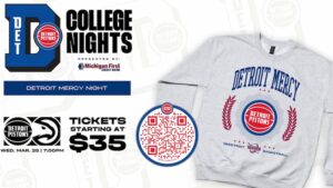 In the top section of this flyer is a large blue letter “D” with the Detroit Pistons logo and the words “College Nights” in bold black text. Below, text reads “Presented by Michigan First Credit Union.” A navy banner reads “Detroit Mercy Night.” On the left, the Detroit Pistons and Atlanta Hawks logos appear with text: “Wed. Mar. 25 | 7:00 PM” and “Tickets starting at $35.” A circular QR code for ticket purchase is in the center. On the right, there is a gray sweatshirt with “Detroit Mercy” in large blue letters above the Detroit Pistons logo, surrounded by red laurel graphics at both sides of the logo and the words “Deeetroit Basketball” at the bottom. Between the words Deeetroit and Basketball is the UDM Titans logo.