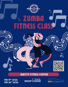 Flyer for a Zumba Fitness Class. The background is dark blue with large music notes and wavy musical lines. In the center are two illustrated people dancing. Text reads: “Zumba Fitness Class.” Location: Whitty Fitness Center. Dates: February 19 and 26. Time: 1–2 p.m., Group X Room. A QR code appears on the lower right, and the IMLeagues logo is at the bottom below the QR code. There is a University Recreation logo at the top center of the page.