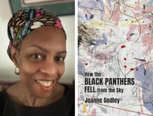 Headshot of Joanne Godley and her book cover, How the Black Panthers Fell from the Sky