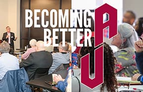 An image of many individuals sitting at tables at a conference with "Becoming a Better U" transposed on the image.
