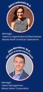 On the left side is a headshot with curved text above the image that reads: “Alex Mendoca, M.A.” with a smaller line: “EdD Sport & Performance Psych.” Below the image, left-aligned text reads: “Manager, Talent & Organizational Effectiveness” and “Mazda North American Operations.” On the right side is a headshot with curved text above that reads: “Mary LeAnnai, M.A.” Below the image, left-aligned text reads: “Manager, Talent & Organizational Effectiveness” and “Mazda North American Operations.”