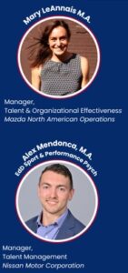 At the top is a headshot with curved text above that reads: “Mary LeAnnai, M.A.” Below the image, left-aligned text reads: “Manager, Talent & Organizational Effectiveness” and “Mazda North American Operations.” Below that is another headshot with curved text above the image that reads: “Alex Mendoca, M.A.” with a smaller line: “EdD Sport & Performance Psych.” Below the image, left-aligned text reads: “Manager, Talent Management” and “Nissan Motor Corporation.”