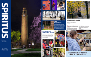 The cover and four pages of the Spring 2026 issue of Spiritus magazine, the magazine for University of Detroit Mercy. Photos features students at nighttime having fun on campus, graduation pictures of the Class of 2026, a photo of the entrance of Detroit Mercy Law at all, and a student with a goat. Headlines read, 'Students say PSYCH Class is the G.O.A.T., 'Starting Over,' 'The Nightlife,' and 'Hats Off to the Class of 2026.'