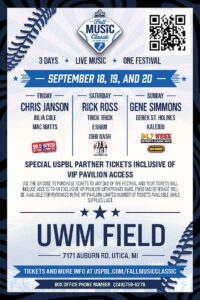 Fall Music Classic at UWM Field, September 18 to 20. Headliners: Chris Janson (Friday), Rick Ross (Saturday), and Gene Simmons (Sunday). USPBL partner tickets include VIP Pavilion access. Scan QR code or visit uspbl.com/fallmusicclassic for tickets and details.