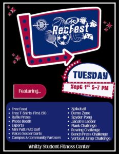 Flyer for Detroit Mercy Recreation Center’s “RecFest” event. A blue and red marquee-style graphic on a black background features sports and fitness icons and the text: “RecFest.” Event date and time: “Tuesday, Sept. 1st, 5–7 PM.” Location: “Whitty Student Fitness Center.” Featured activities include free food, free T-shirts for the first 150 attendees, raffle prizes, photo booth, esports, mini putt-putt golf, Velcro soccer darts, campus and community partners, Spikeball, demo zone, Spyder Pong, Jacob’s Ladder, plank challenge, rowing challenge, bench press challenge, and vertical jump challenge.
