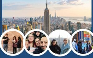 Banner image featuring the New York City skyline with the Empire State Building centered in the background. Along the bottom are five circular photos showing groups of college students posing together, taking selfies, and exploring the city.