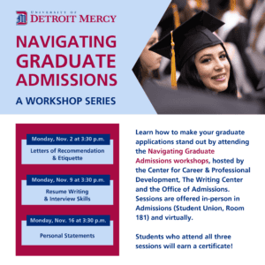 A flyer promoting the Navigating Graduate Admissions series workshop, featuring an image of a Titan graduate during Commencement.