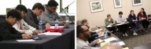 Two side by side images of students competing at ethics bowl