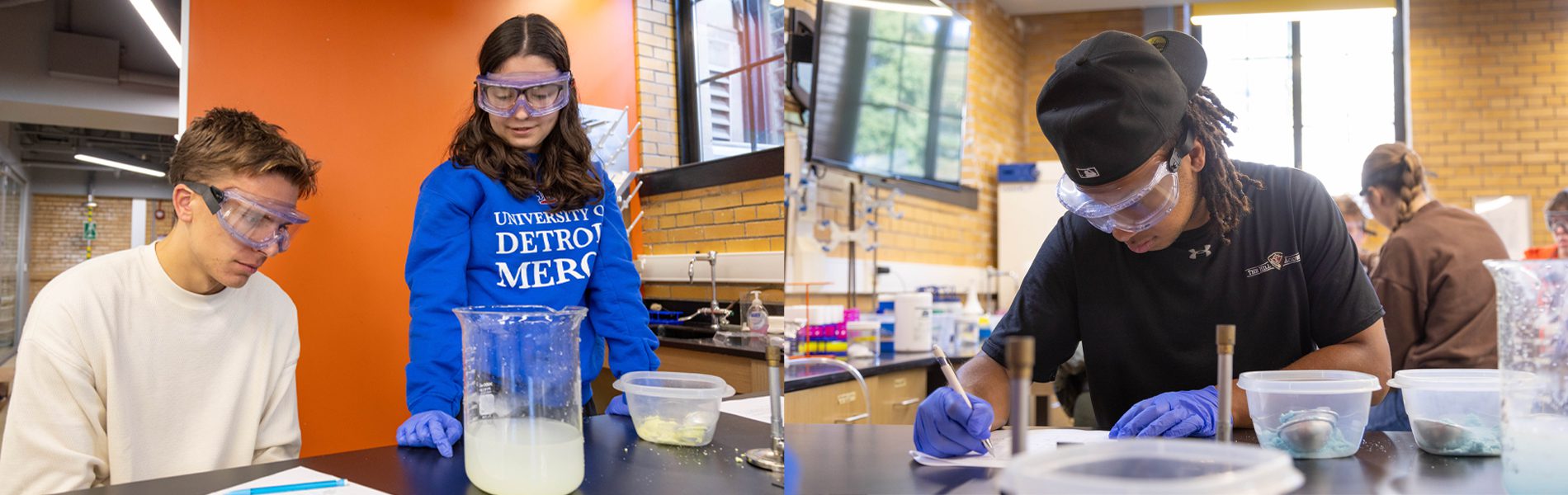Images of UDM students doing a chemistry experiment.